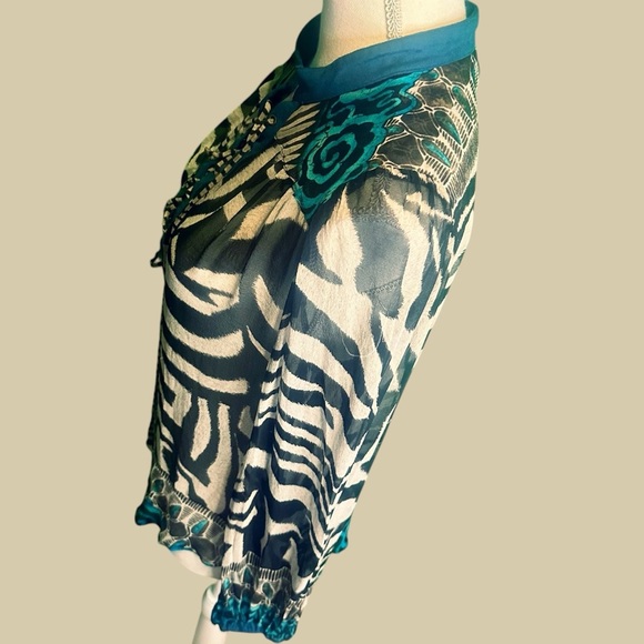 Alberto Makali 100% Silk Zebra & Blue Paisley Print Lace-Up Top Size Medium - Picture 6 of 15